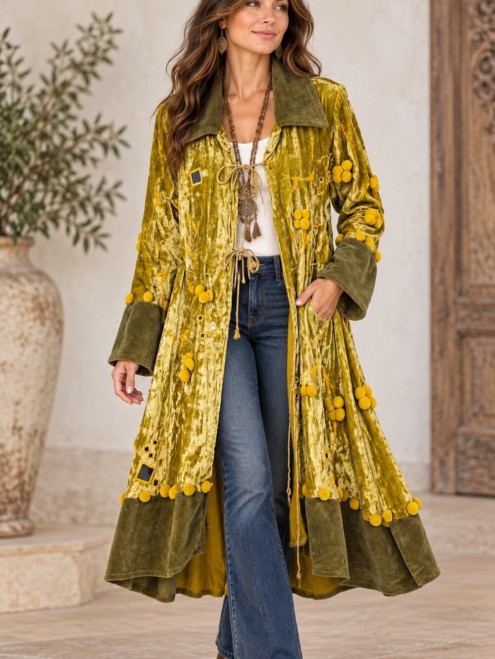 VTG NA-TA-YA VELVET CHARTRUESE Whimsey Fairy Boho Open Duster. Ladies S